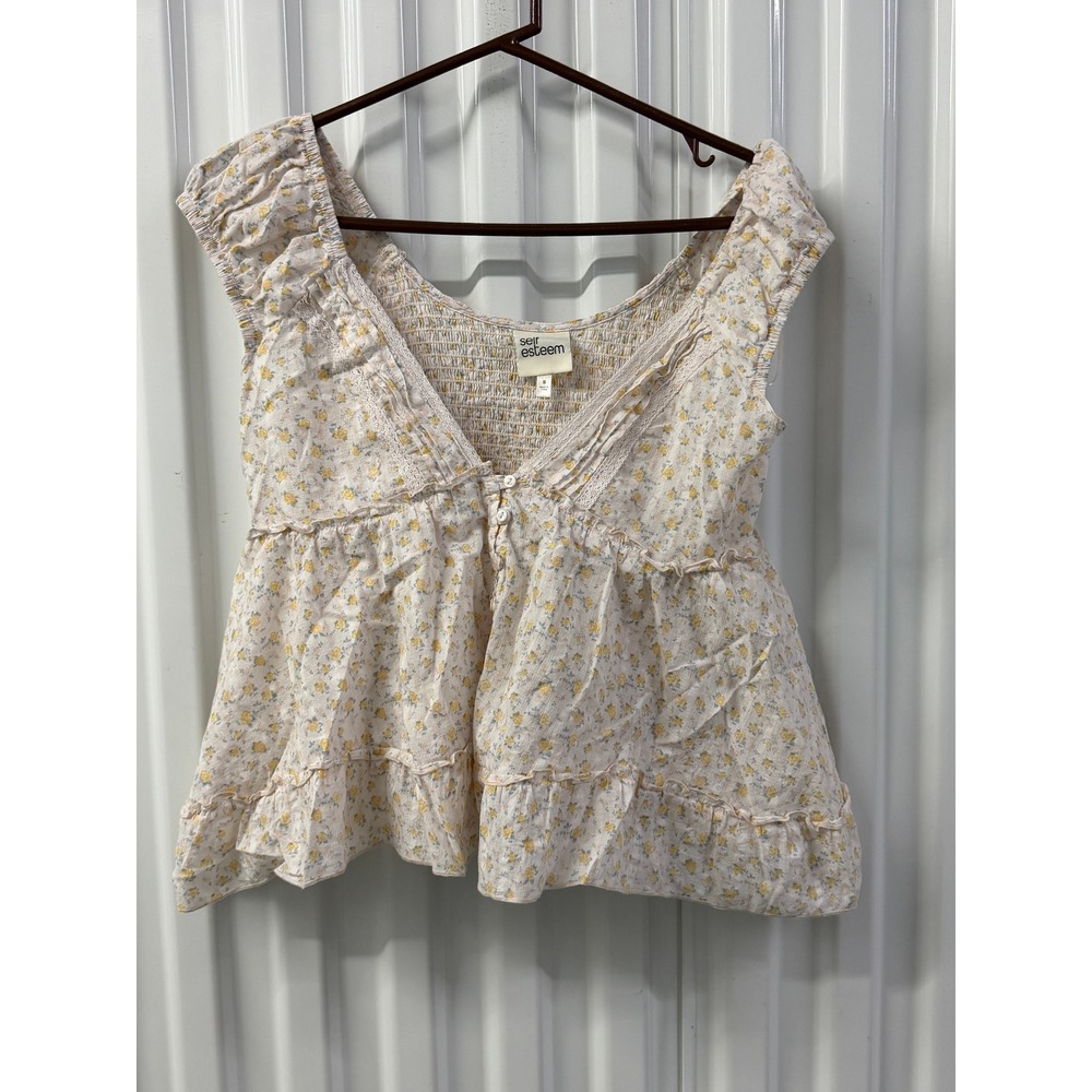Self Esteem Babydoll Top Womens Small White Yellow Floral Excellent Cottagecore
